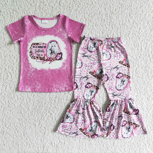 GSPO0107 Pink Leopard Singer Charater Girls Short Sleeve Bell Bottom Pants Outfits