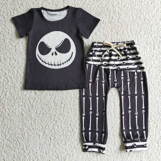 Promotion RTS A0-15 Halloween Black White Stripes Ghost Boys Short Sleeve Pants Outfits