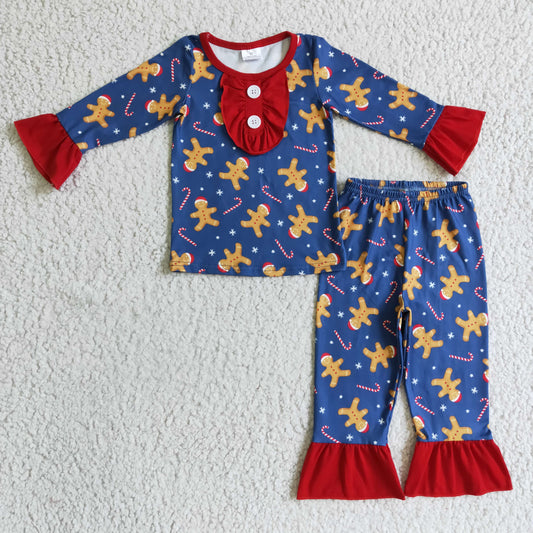 GLP0331 Christmas Red Blue Gingerbread Girls Long Sleeve Pants Outfits Pajamas