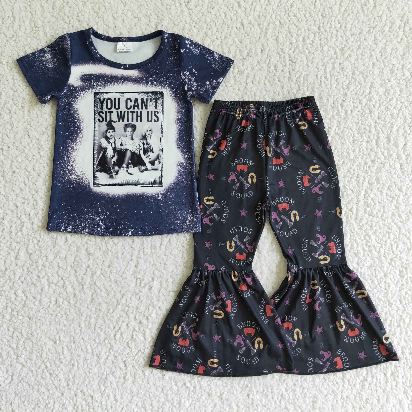 promotion RTS C2-11 Halloween Purple You Can't Sit With Us Witch Cartoon Girls Short Sleeve Bell Bottom Pants Outfits
