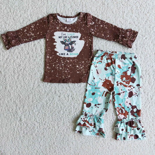 Clearance 6 C7-31 Cow Brown Bleach Girls Long Sleeve Bell Bottom Pants Outfits