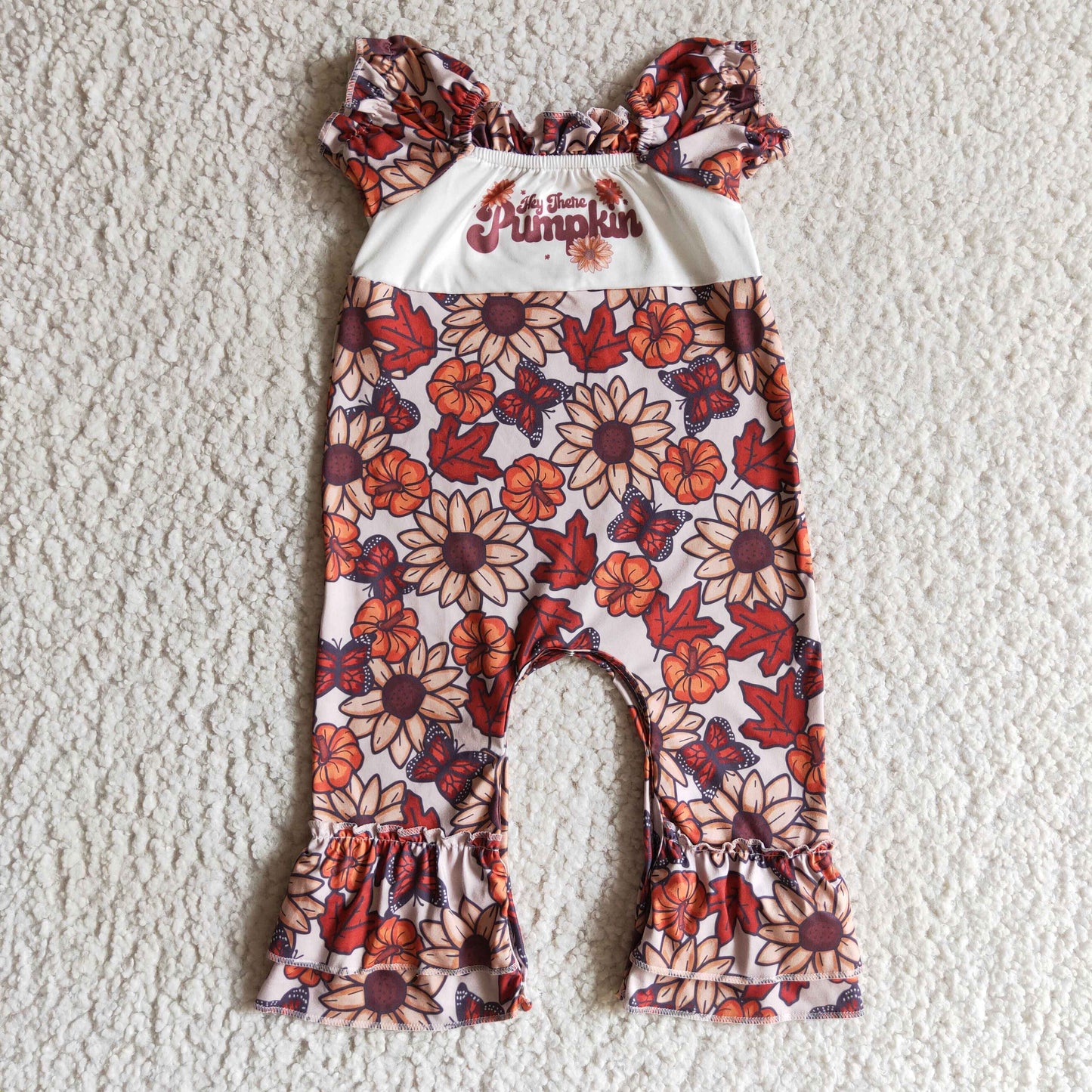 SR0094 Halloween Pumpkin Orange Floral Butterfly Girls Short Sleeve Romper
