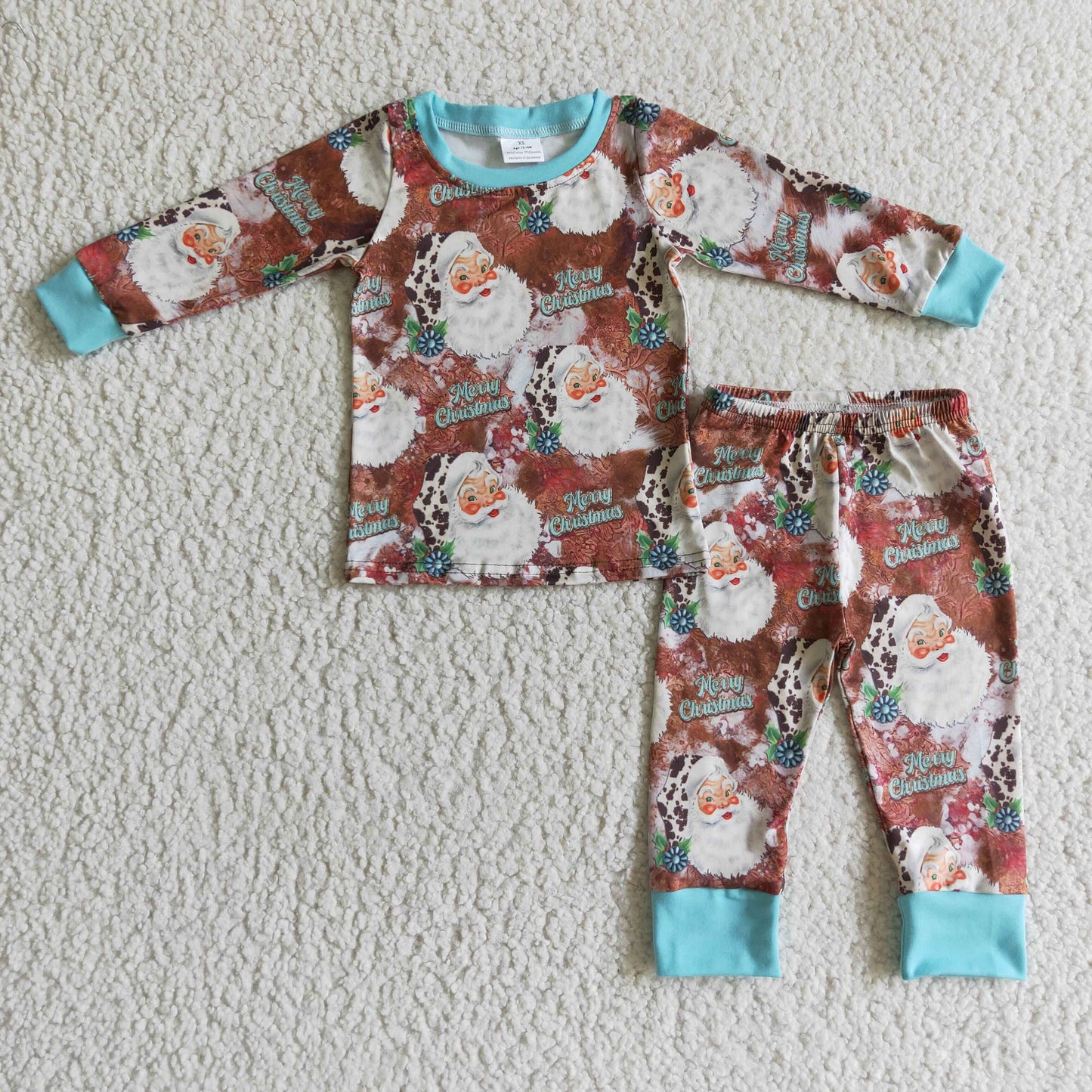 BLP0097 Happy Christmas Blue Brown Santa Leopard Boys Long Sleeve Pajamas
