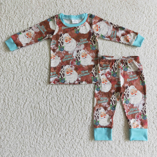 BLP0097 Happy Christmas Blue Brown Santa Leopard Boys Long Sleeve Pajamas