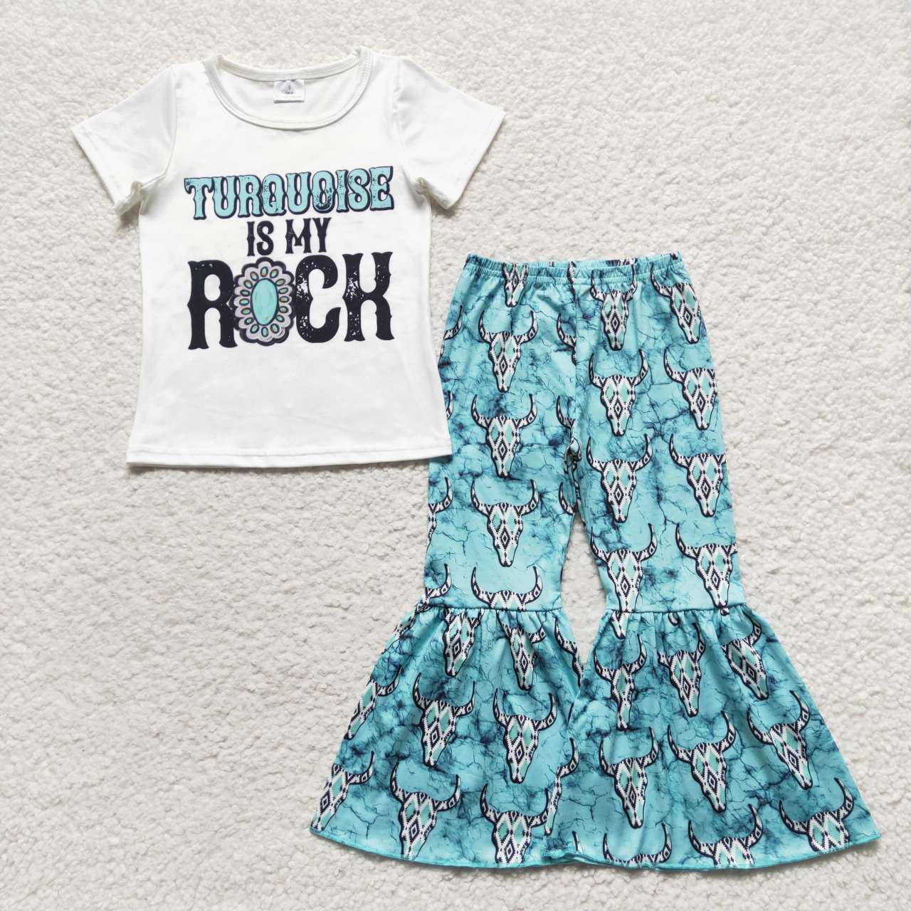 GSPO0545 Blue Turquoise Rich Western Cow Girls Short Sleeve Bell Bottom Pants Outfits