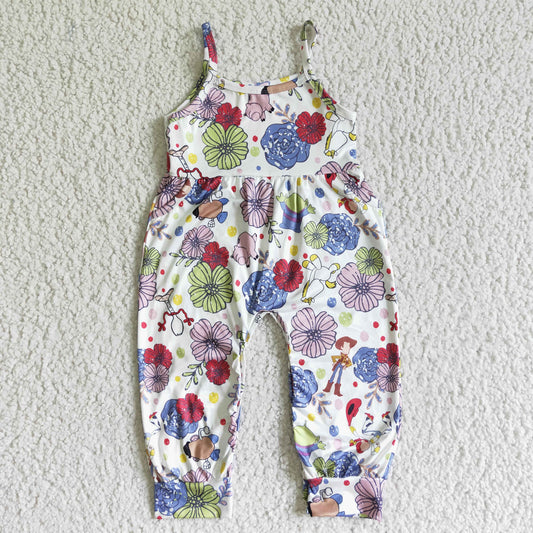 promotion RTS SR0062 Pink Blue Floral Cartoon Girls Sleeveless Jumpsuit