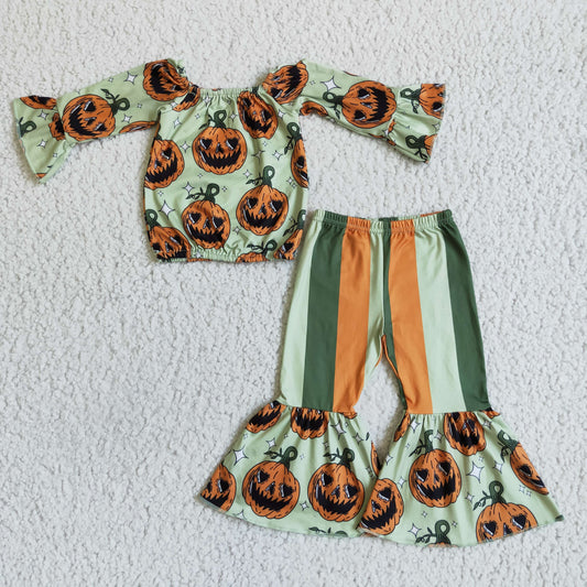GLP0023 Halloween Pumpkin Ghost Green Orange Stripes Off Shoulder Girls Long Sleeve Bell Bottom Pants Outfits