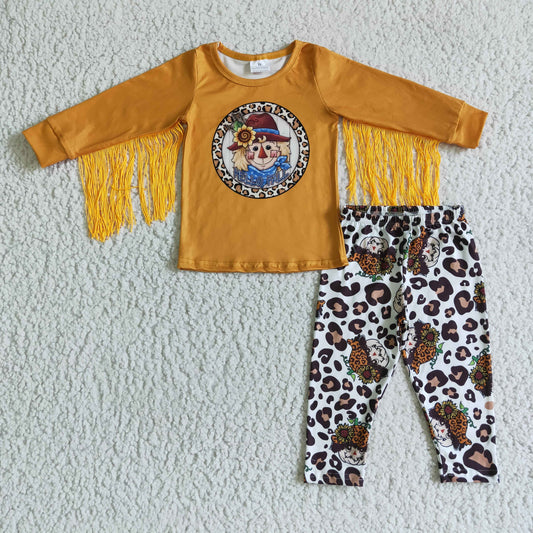 GLP0167 Yellow Scarecrow Leopard Sunflower Tassel Velvet Girls Long Sleeve Pants Outfits