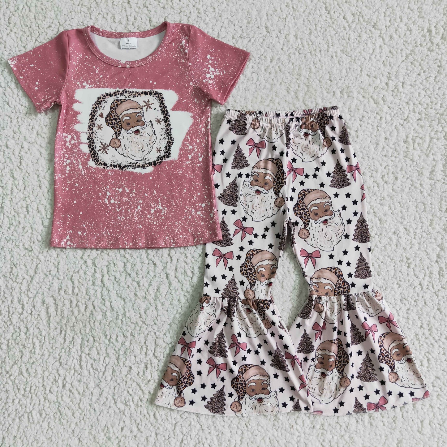 GSPO0180 Christmas Pink Bleach Tree Santa Leopard Girls Short Sleeve Bell Bottom Pants Outfits