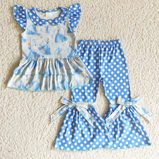 GSPO0200 Blue Dots Princess Cartoon Girls Short Sleeve Bell Bottom Pants Outfits