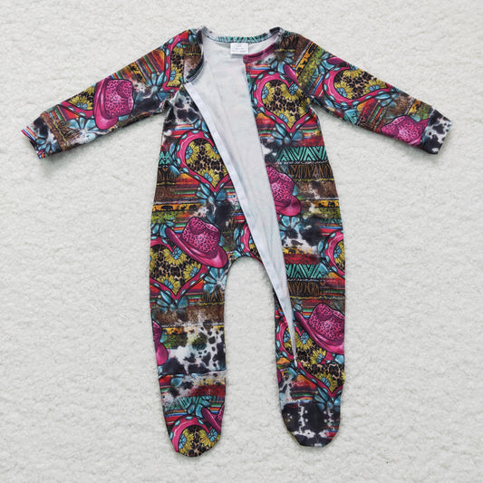 LR0247 Valentine Love Pink Cowboy Hat Sunflower Leopard Zipper Girls Long Sleeve Romper