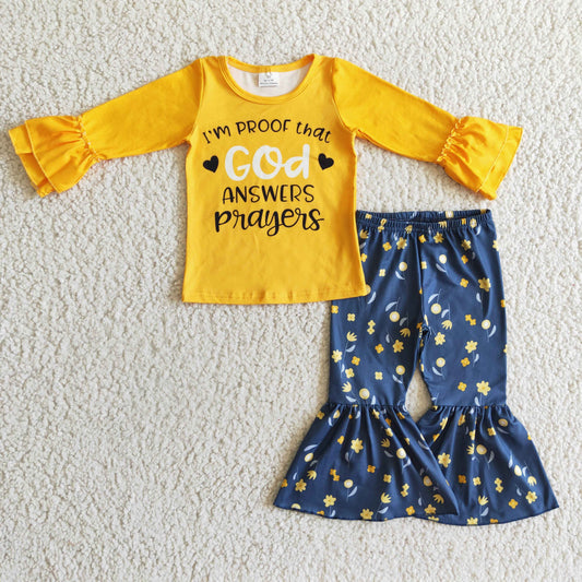 6 A3-30 i'm Proof That God Answer Yellow Blue Girls Long Sleeve Bell Bottom Pants Outfits