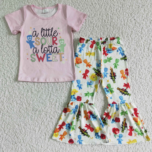 E9-11 A little Sour A Lotta Sweet Candy Pink Cartoon Girls Short Sleeve Bell Bottom Pants Outfits