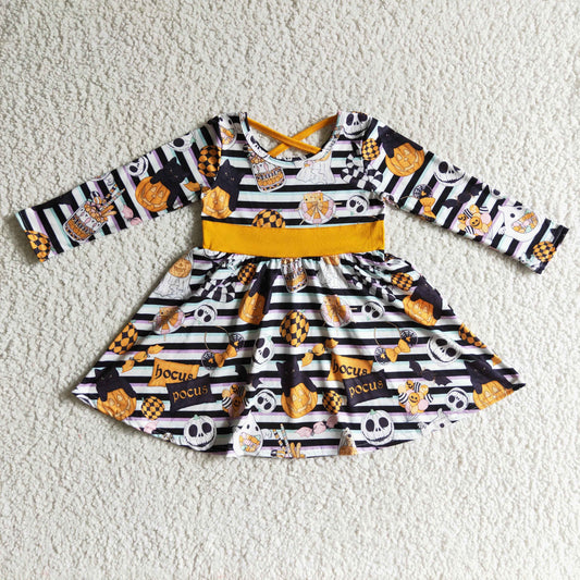promotion RTS GLD0105 Halloween Pumpkin Snake Cat Orange Black Stripes Ghost Cartoon Girls Long Sleeve Dresses