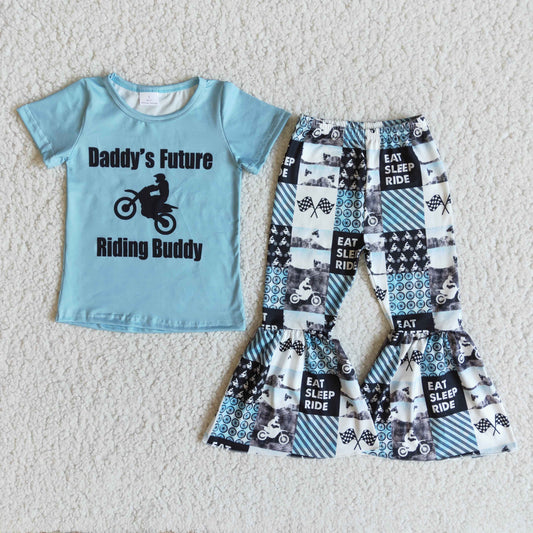 promotion RTS E8-18 Blue Daddy's Future Riding Buddy Fashion Girls Short Sleeve Bell Bottom Pants Outfits