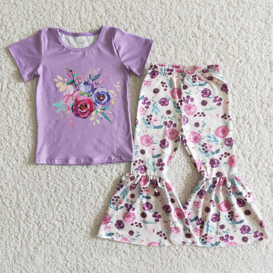 promotion RTS E7-3 Purple Floral Print Girls Short Sleeve Bell Bottom Pants Outfits