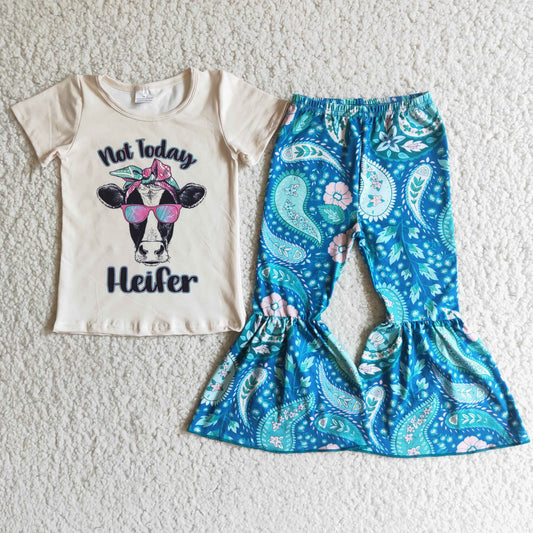 E4-19 Blue Not Today Heifer Cow Girls Short Sleeve Bell Bottom Pants Outfits