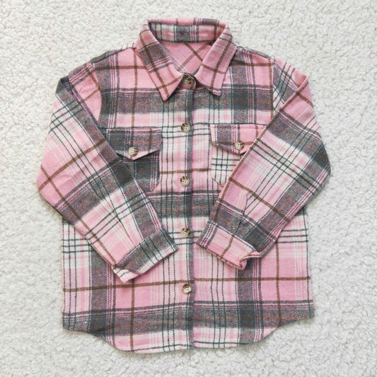 GT0094 Pink Plaid Girls Long Sleeve Top Winter Collar T-Shirts