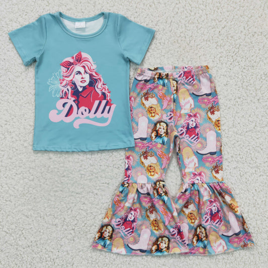 GSPO0224 Pink Green Singer Character Cartoon Girls Short Sleeve Bell Bottom Pants Outfits