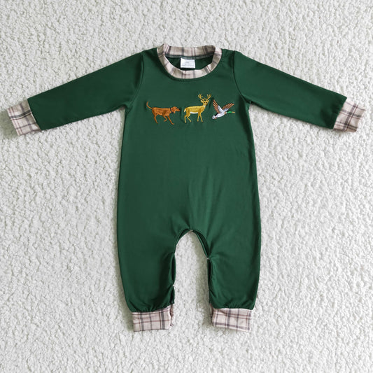 LR0107 Christmas Green Deer Birds Embroidery Boys Long Sleeve Romper