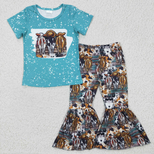 promotion RTS GSPO0279 Blue Bleach Cow Cowboy Girls Short Sleeve Bell Bottom Pants Outfits