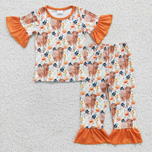 promotion RTS GSPO0222 Orange Highland Cow Floral Flower Girls Short Sleeve Pants Outfits Pajamas