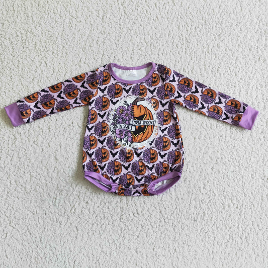 LR0079 Halloween Purple Pumpkin Spooky Bat Girls Long Sleeve Romper