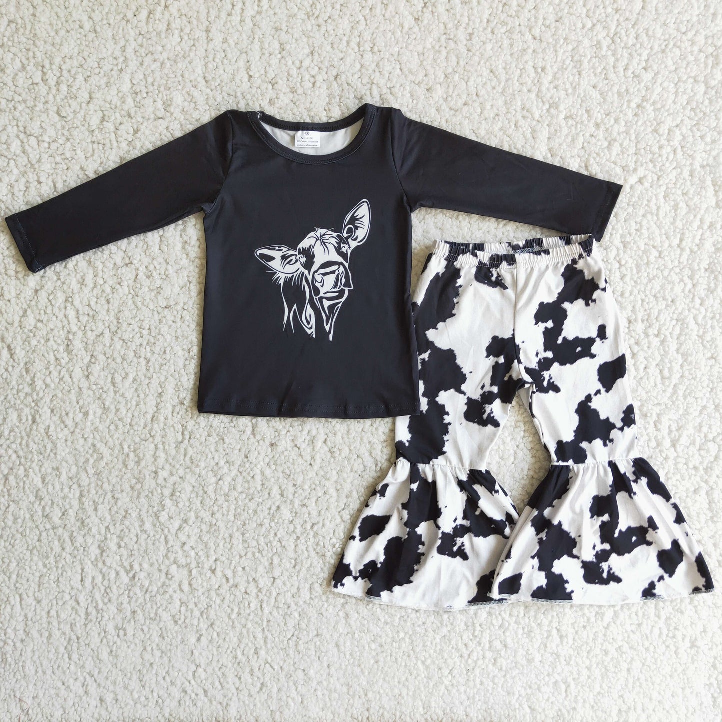 promotion RTS 6 C9-20 Black Highland Cow Print Girls Long Sleeve Bell Bottom Pants Outfits