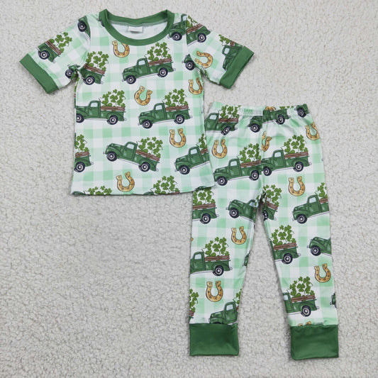 promotion RTS BSPO0043 St. Patrick Clover Green Car Truck Boys Short Sleeve Pants Outfits Pajamas