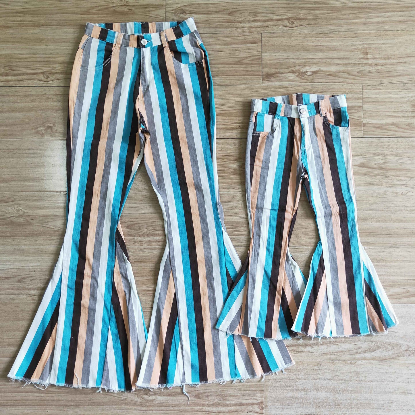 P0009 Adult Blue White Orange Grey Striped Girls Bell Pants Denim Jeans