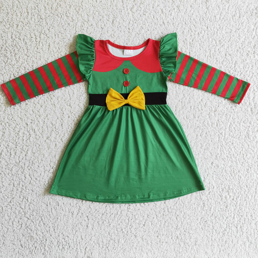 GLD0143 Christmas Red Green Stripes Ruffles Bow Girls Long Sleeve Dresses