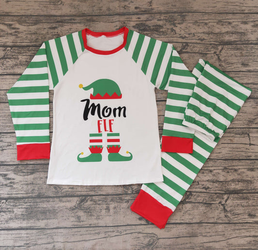 Family Adult Mom GLP0174 Christmas Green Stripes Red Santa Cartoon Girls Long Sleeve Pants Outfits Pajamas