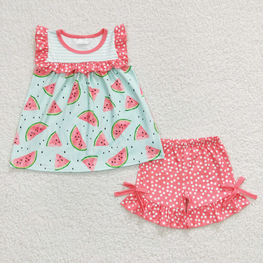 D10-29 Pink Dots Watermelon Girls Flutter Sleeve Shorts Outfits