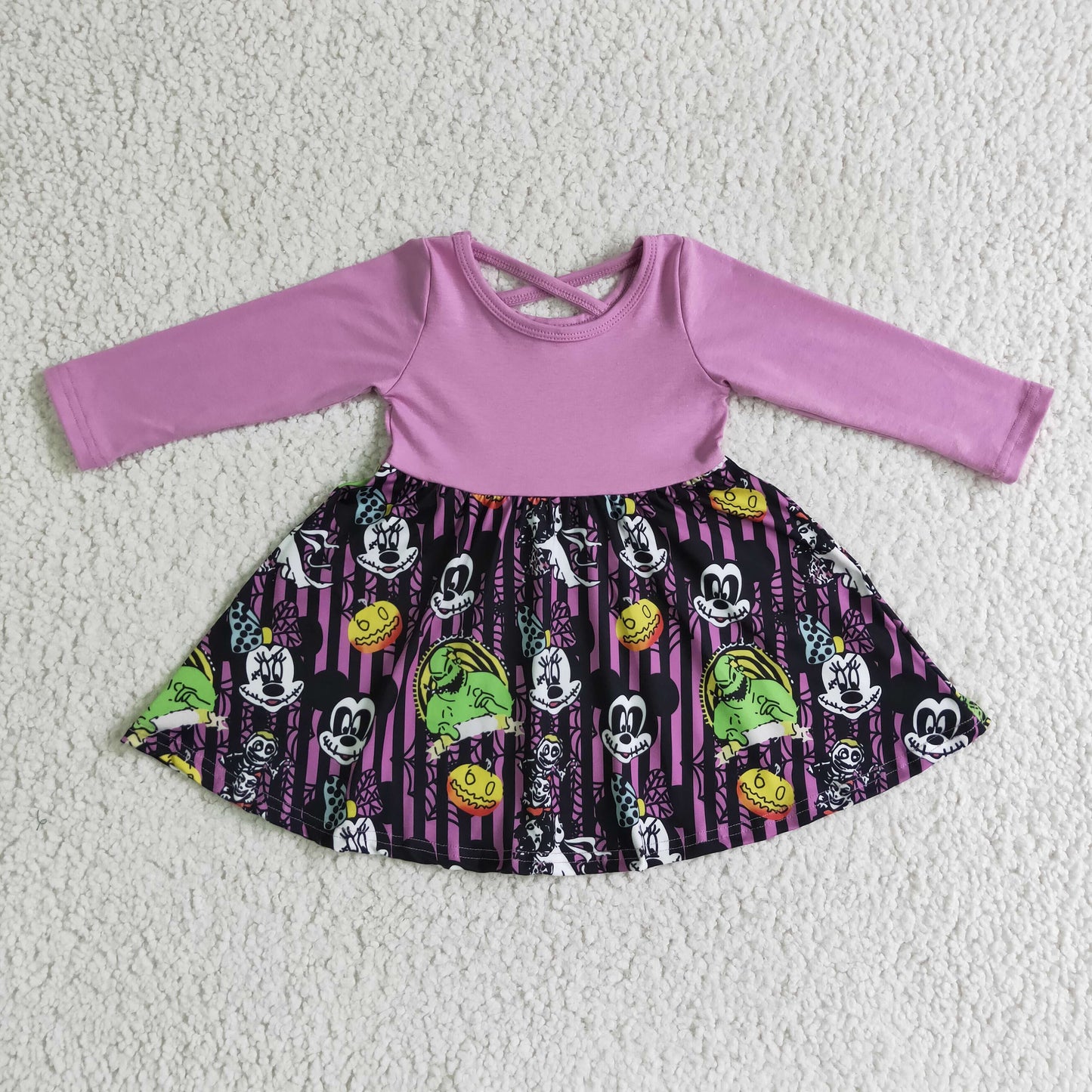 GLD0059 Halloween Pumpkin Purple M Cartoon Girls Long Sleeve Dresses