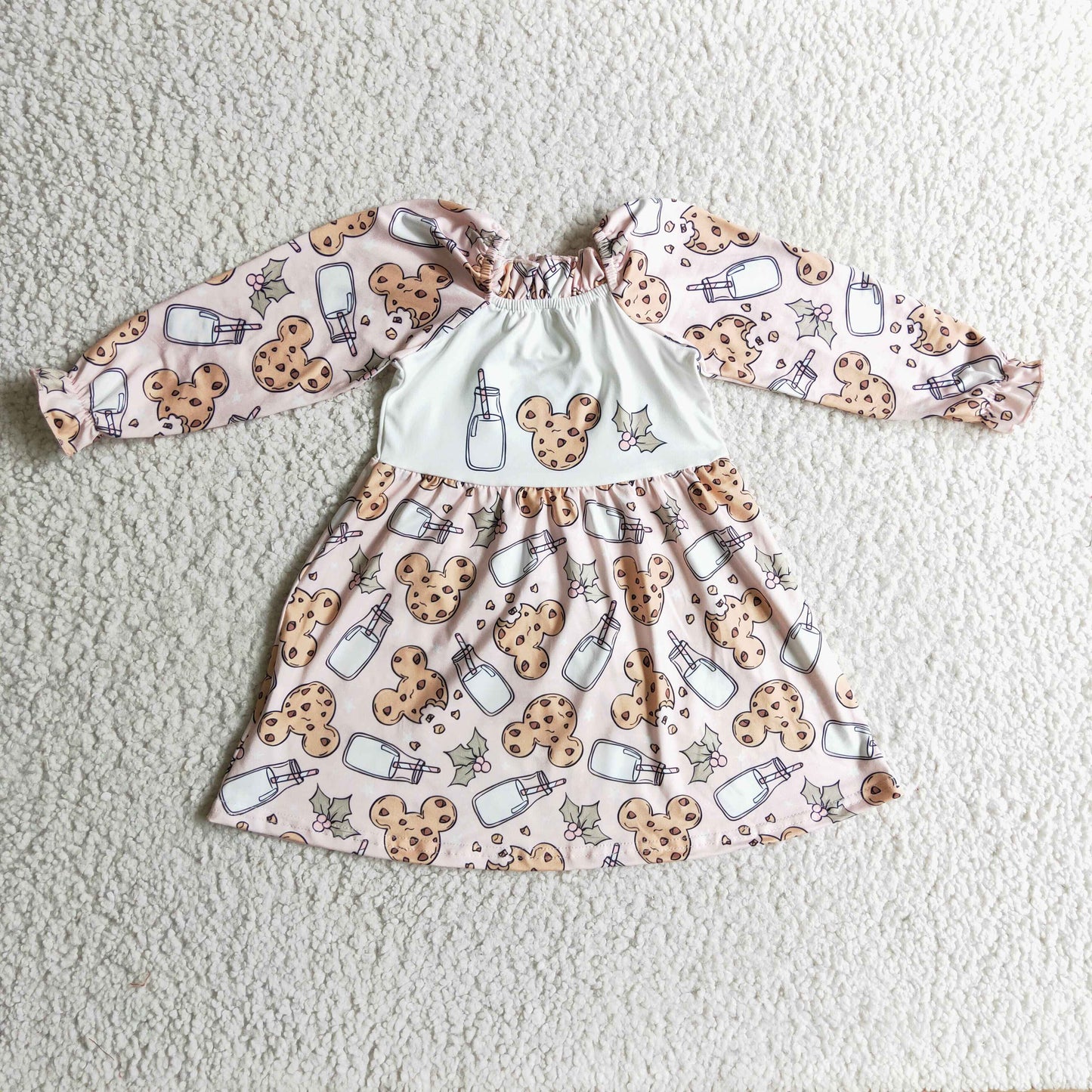 GLD0129 Christmas Pink Milk Cake Cookie M Cartoon Girls Long Sleeve Dresses