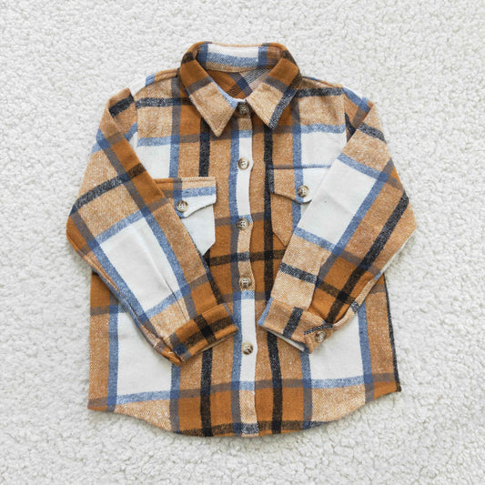 BT0189 Brown Plaid Boys Long Sleeve Top Winter Collar T-Shirts