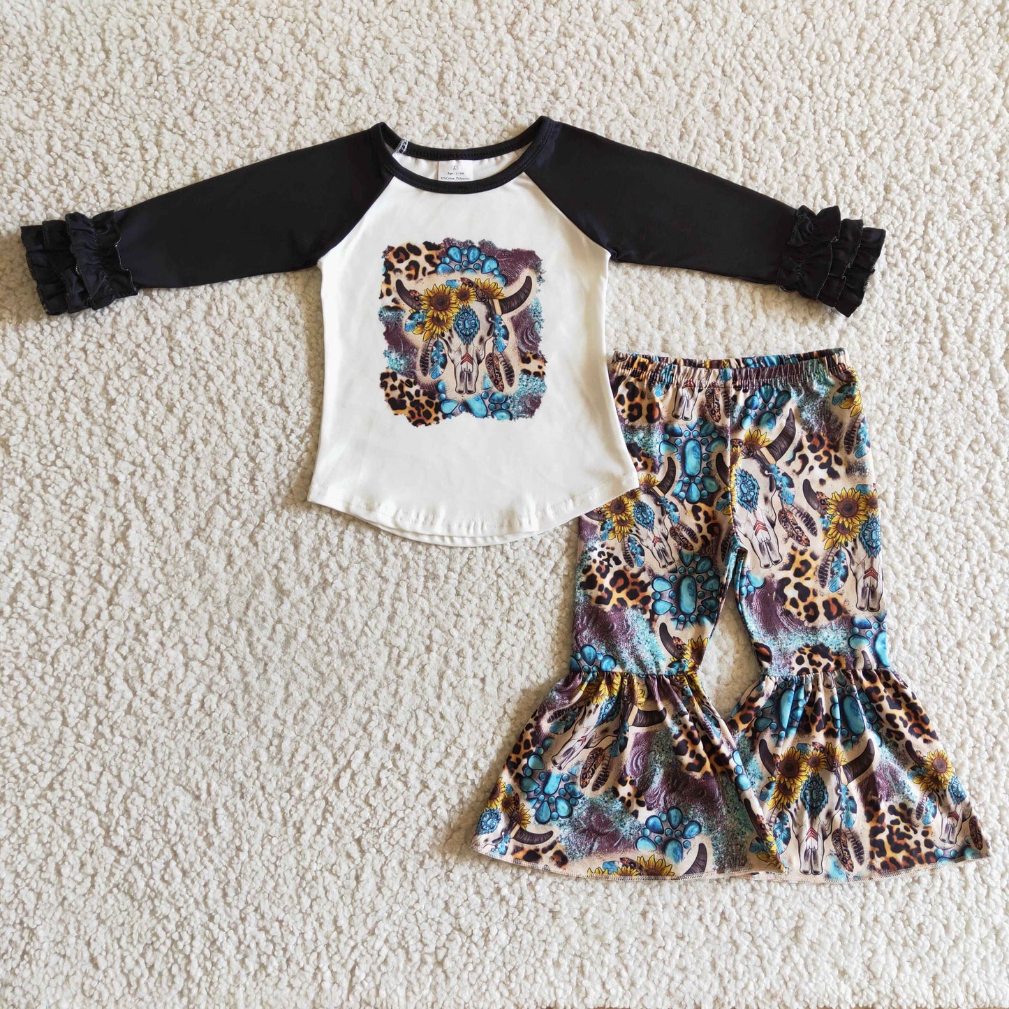 promotion RTS GLP0313 Black Blue Highland Cow Sunflower Leopard Western Girls Long Sleeve Bell Bottom Pants Outfits