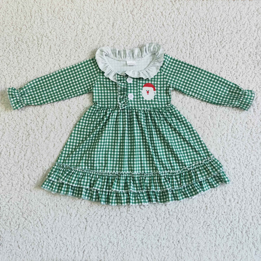 6 C10-7 Christmas Green Plaid Santa Ruffles Girls Long Sleeve Dresses