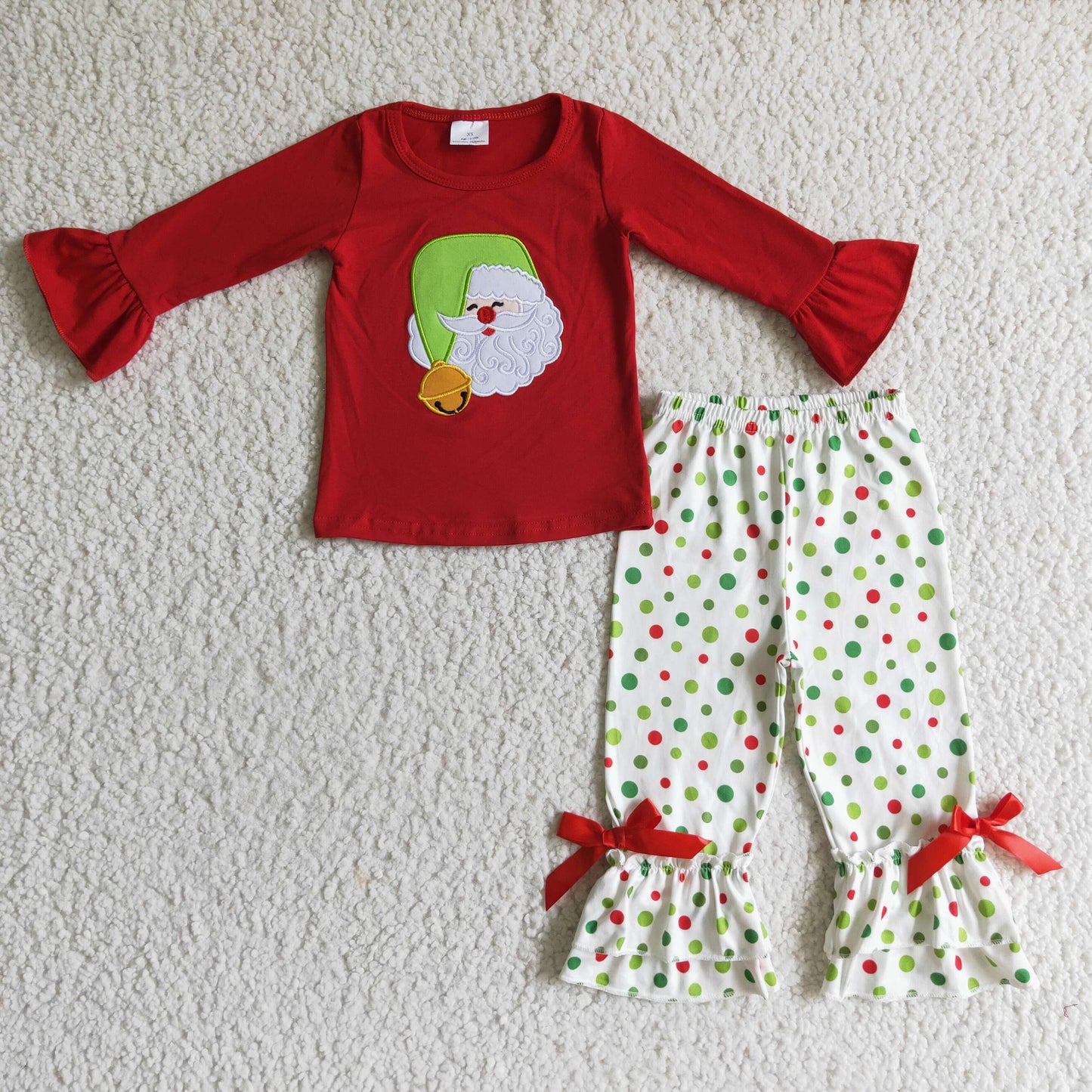 GLP0099 Christmas Santa Red Green Dots Ruffles Embroidery Girls Long Sleeve Pants Outfits