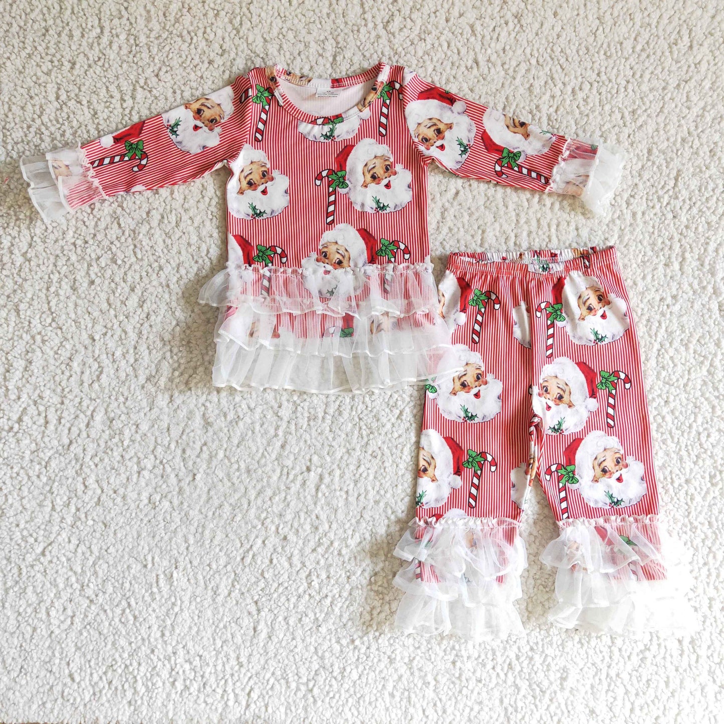 6 B12-18 Christmas Red Santa Lace Ruffle Girls Long Sleeve Bell Bottom Pants Outfits