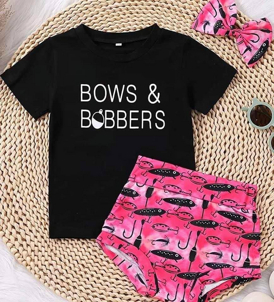 promotion RTS GBO0072 Black Pink Fish Bobbers With Bows Headband 3pcs Girls Short Sleeve Bummies Outfits