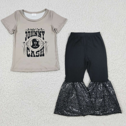 A17-14 Grey Guitar Music Black Sequin Girls Short Sleeve Bell Bottom Pants Outfits