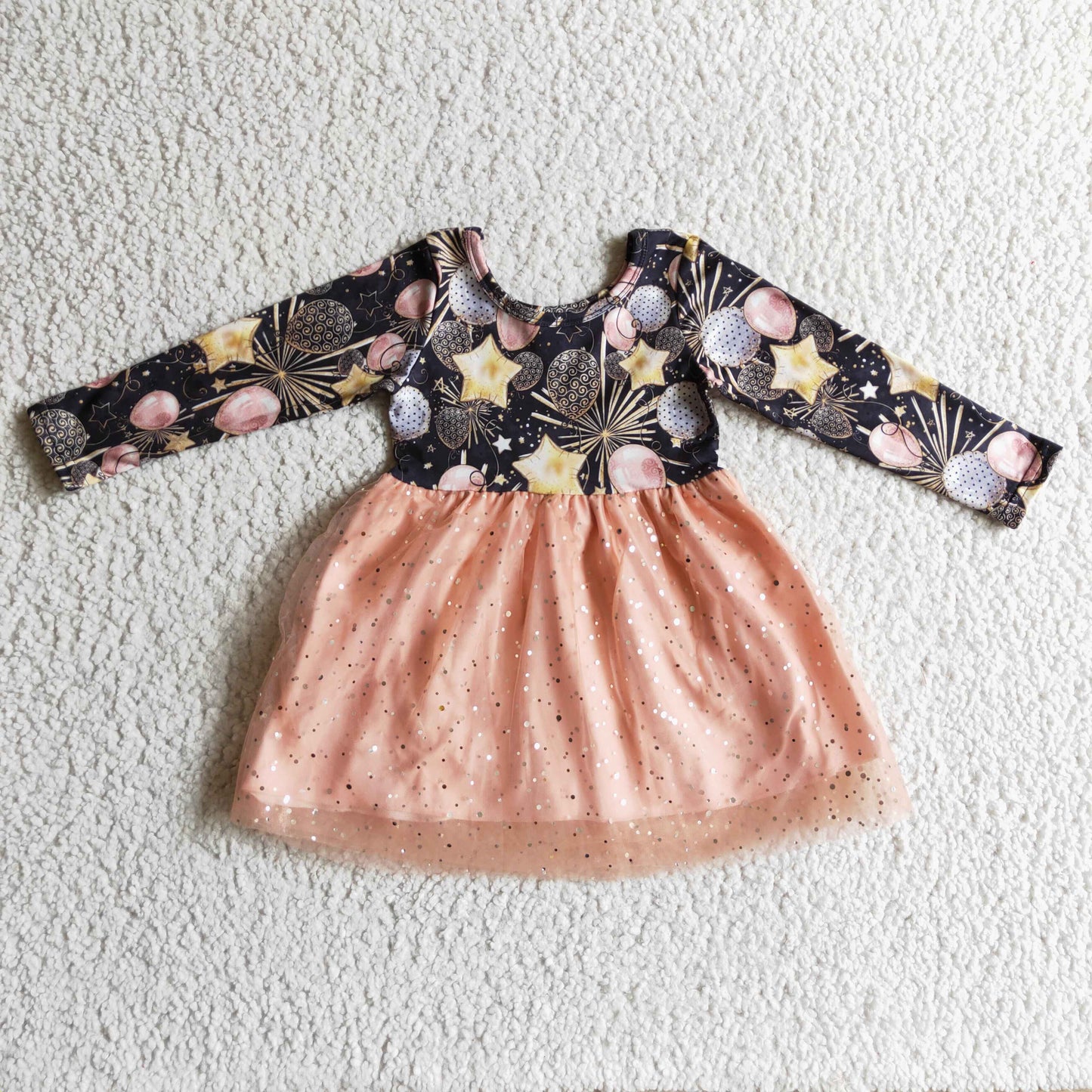 GLD0125 Happy New Year Firework Ballboon Pink Black Tulle Tutu Girls Long Sleeve Dresses