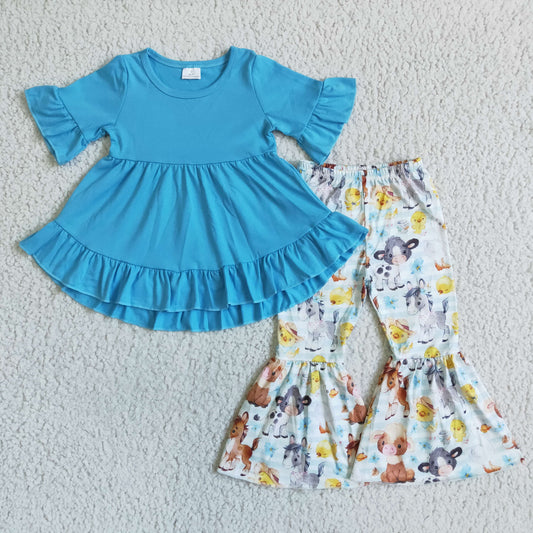 GSPO0112 Blue Farm Horses Tunic Ruffles Girls Short Sleeve Bell Bottom Pants Outfits