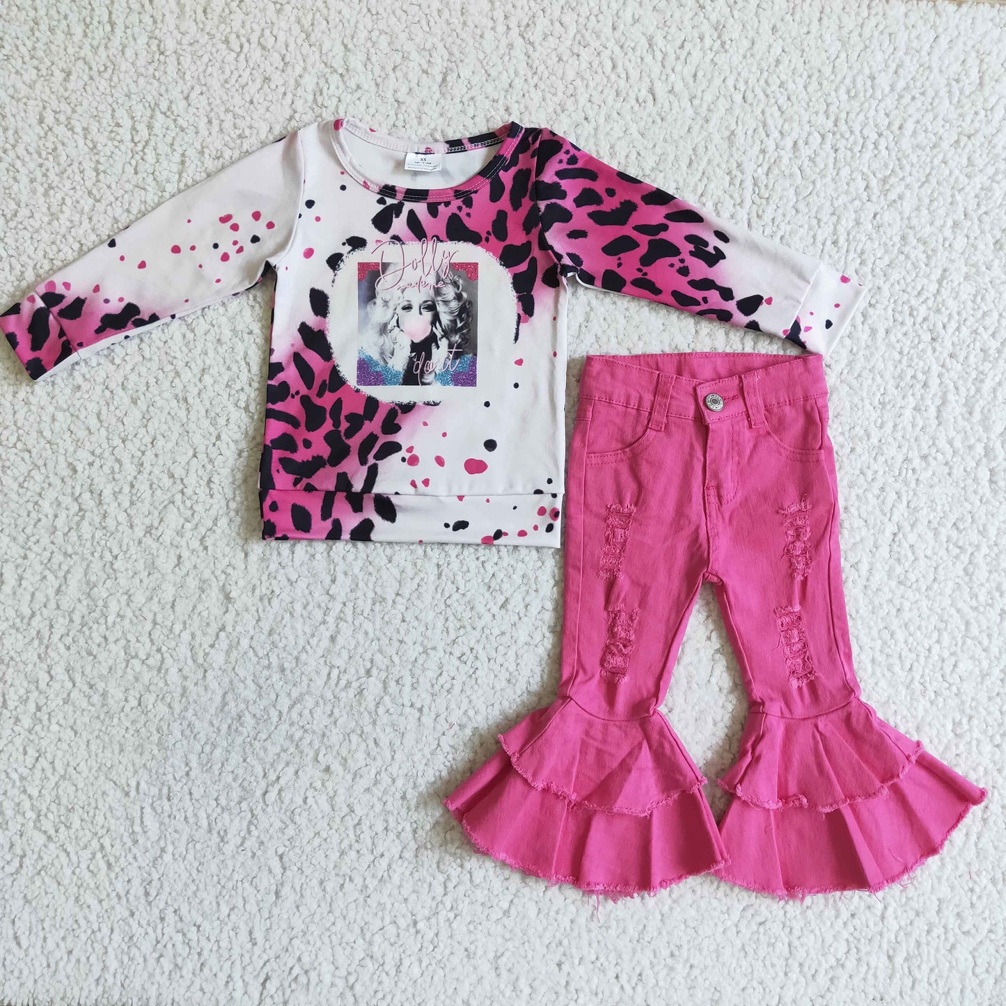 GLP0106 Pink Leopard Singer Pink Double Ruffles Denim Pants Girls Long Sleeve Pants Outfits