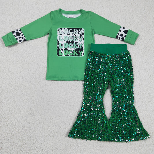 2pcs GLP0421 GT0081 St. Patrick Green Lucky Cow Print Top+ P0033 Green Sequin Girls Short Sleeve Bell Bottom Pants Outfits