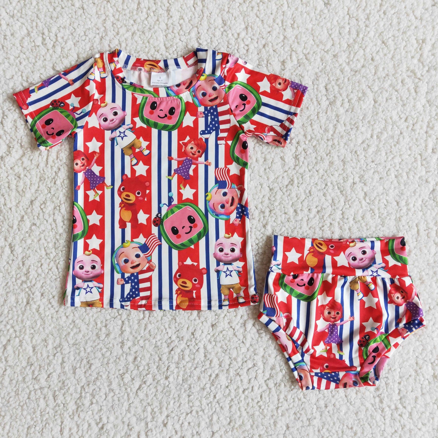promotion RTS D4-5 4th Of July Red Stripes Blue Cartoon Girls Short Sleeve Bummies Outfits