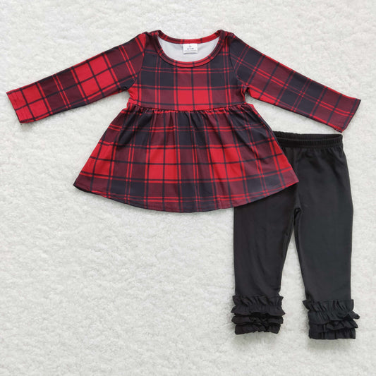GLP0330 Christmas Red Black Plaid Tunic Girls Long Sleeve Pants Outfits