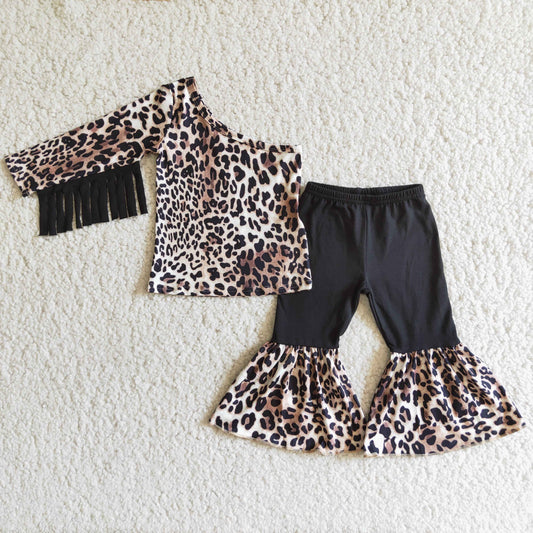 Clearance 6 B1-20 Black Leopard Print Tassels Girls Short Sleeve Bell Bottom Pants Outfits