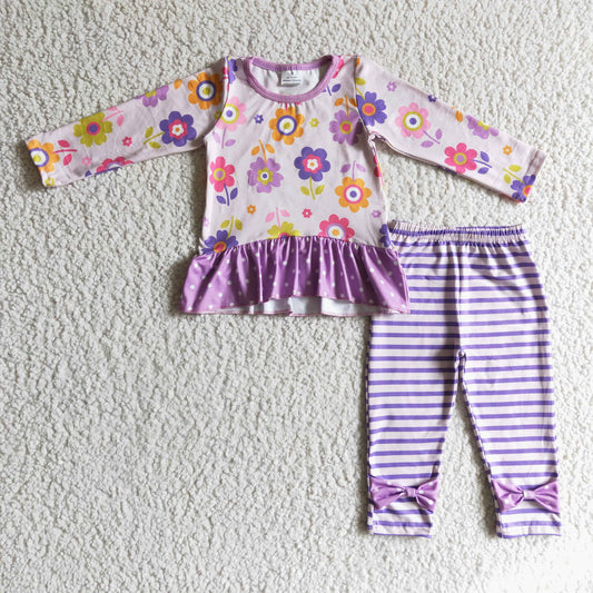 GLP0225 Purple Floral Flower Stripes Girls Long Sleeve Pants Outfits